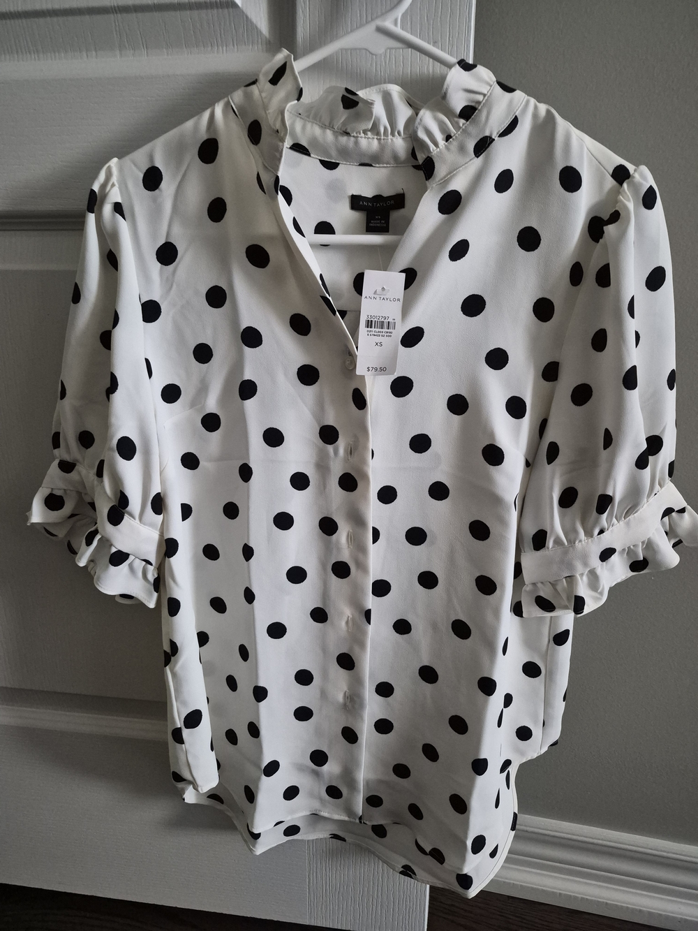 Ann Taylor White and Black Polka Dot Ruffle Sleeve Blouse